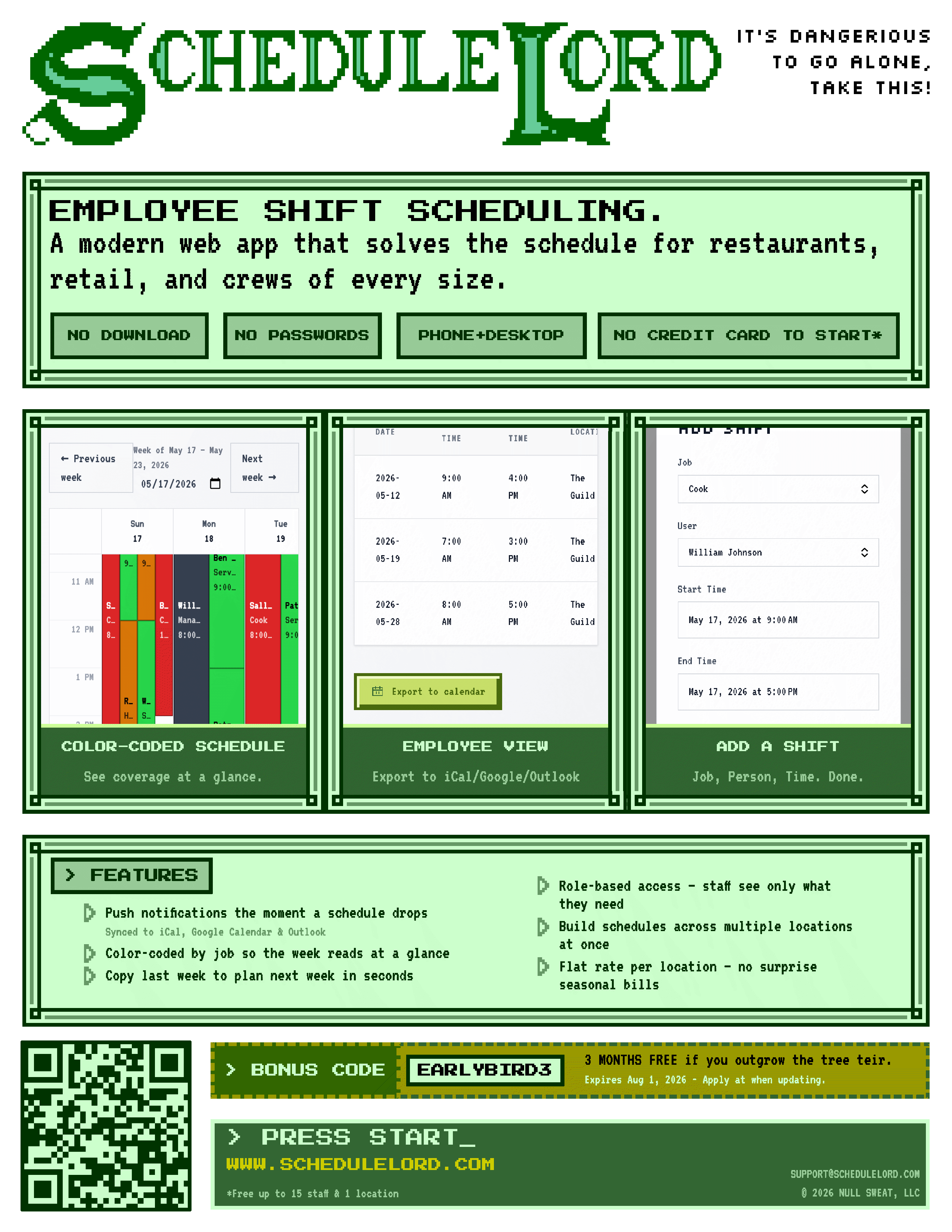 A flyer for ScheduleLord. It looks kind of like an spreadsheet made for a Gameboy or something.